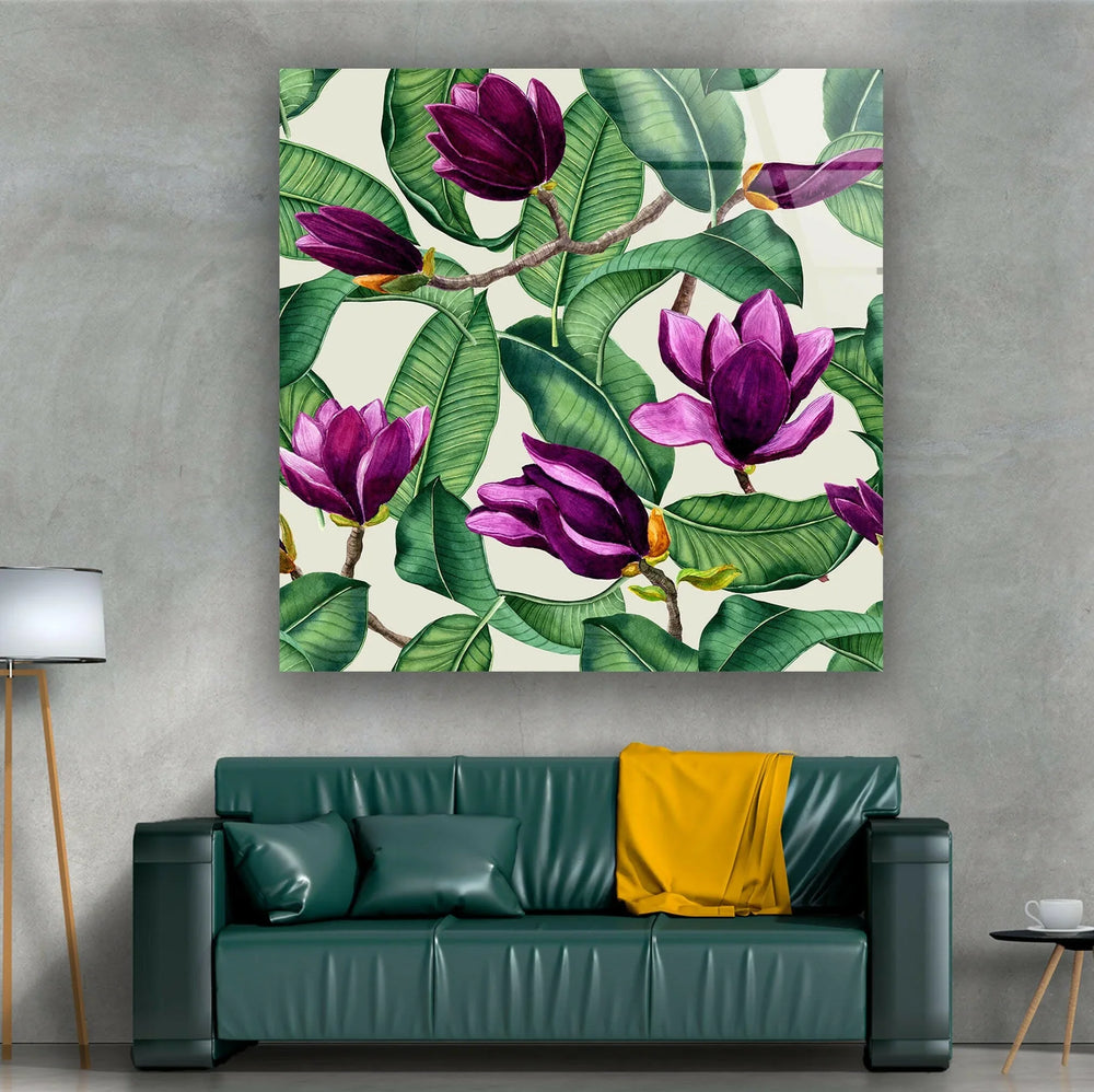Watercolor Purple Magnolia Flower Glass Wall Art, glass wall decor, glass wall art decor