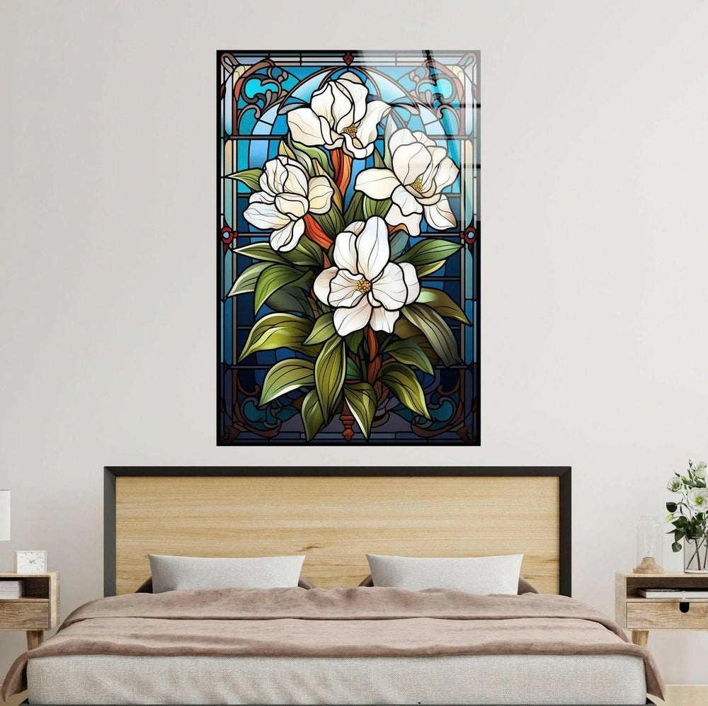 Stained Glass Window With White Flower Glass Wall Art, glass wall decor, glass wall art decor