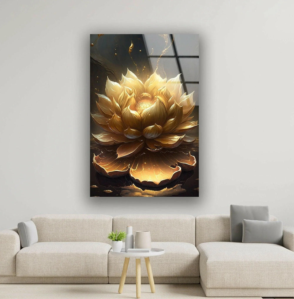 Golden Flower Black Background Glass Wall Art, picture on glass wall art, photos printed on glass