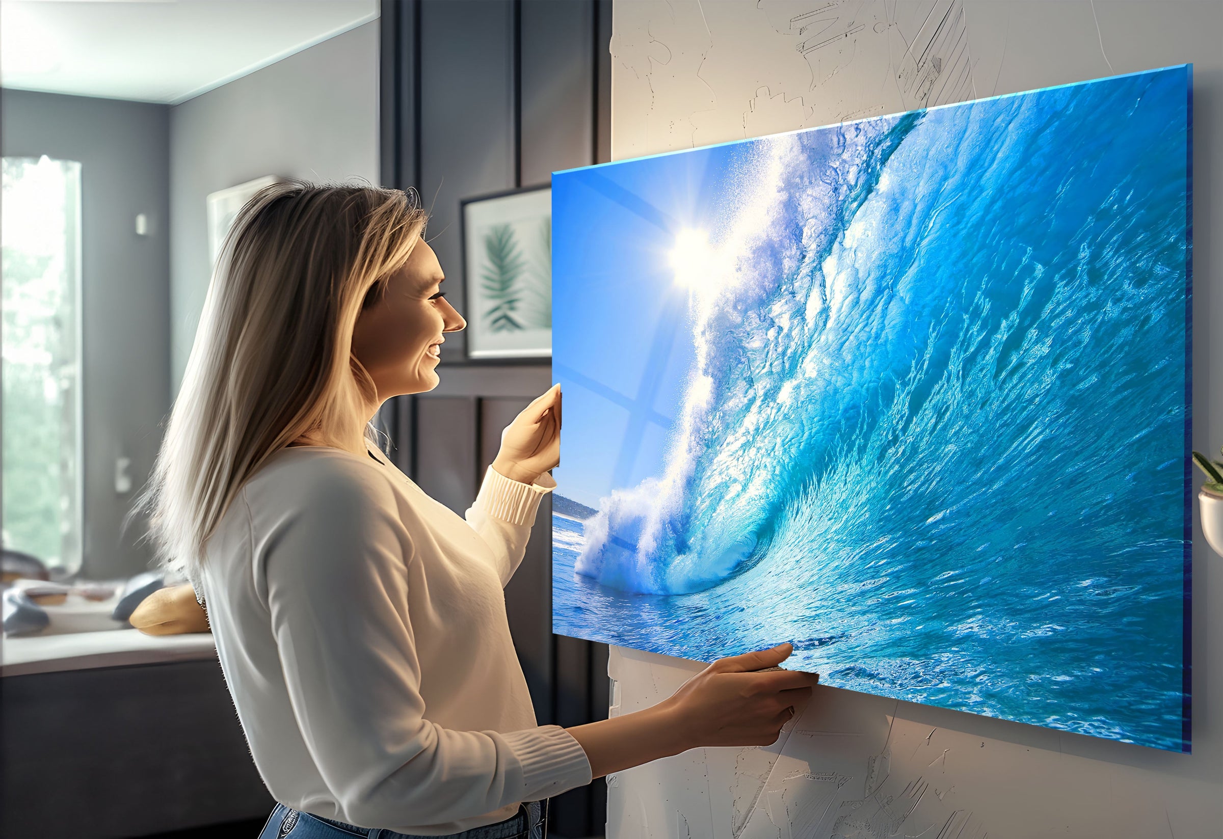 Elegant ocean wall art featuring serene blue hues for luxurious home decor