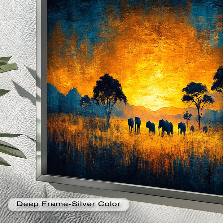Golden Savannah Sunset – Elephant Silhouette Oil Painting