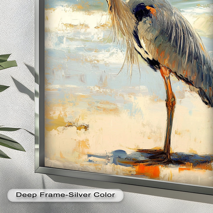 Coastal Heron with Ocean Breeze - Modern Oil Painting