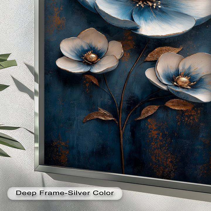 Deep Blue and Metallic Floral Elegance - Flower Oil Painting