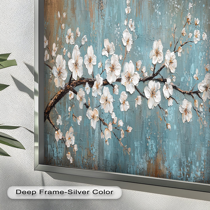 White Blossoms on Blue Textured Branch - Flower Oil Painting
