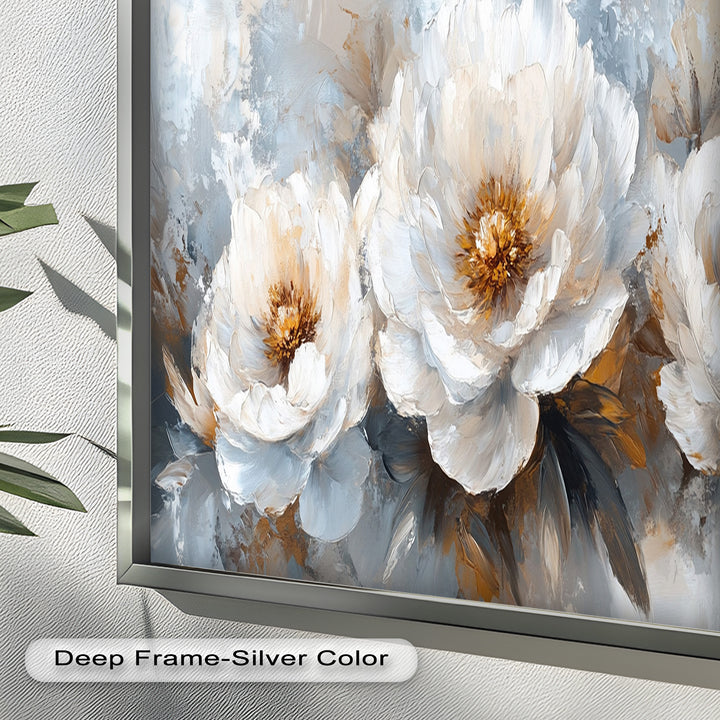 White Petals on Soft Neutral Background - Flower Oil Painting