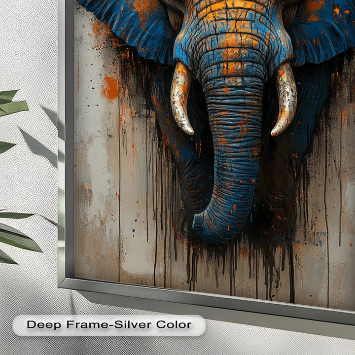 Blue and Orange Elephant Portrait - Animal Oil Painting
