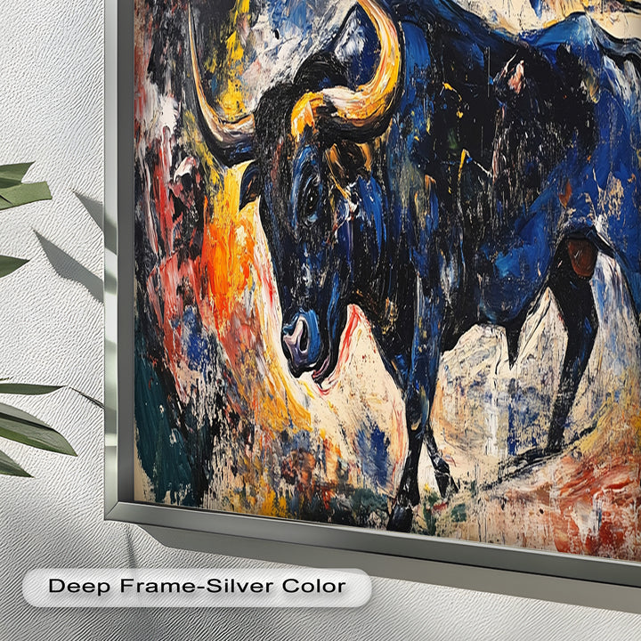 Fierce Blue Bull in Motion – Abstract Oil Painting