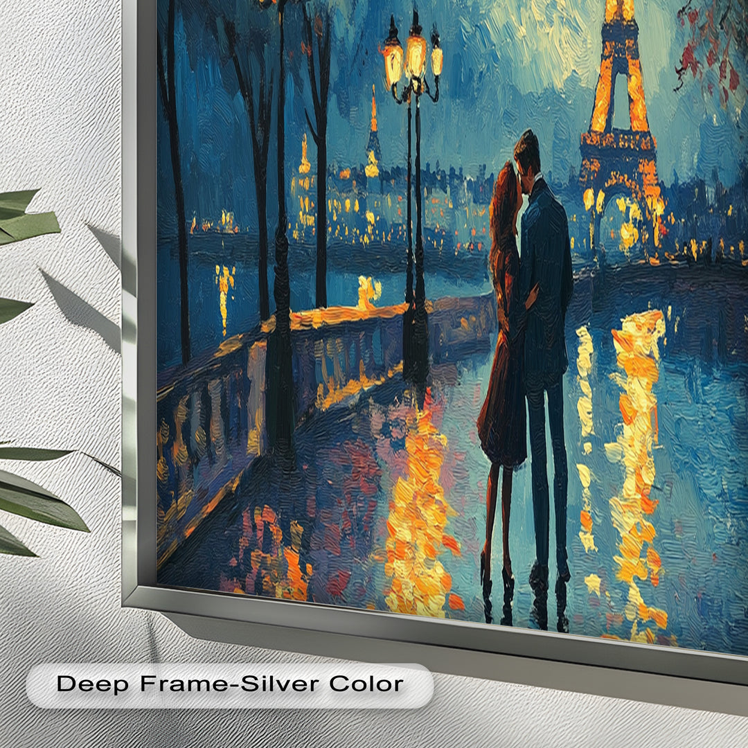 Eiffel Glow – Lovers Embrace by the Seine Love Oil Painting