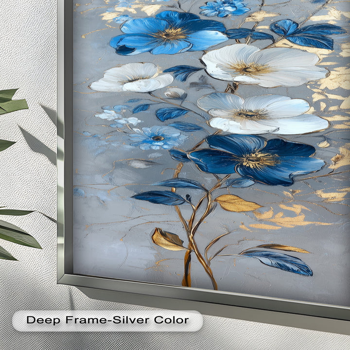 Blau-weiße Blüten Wandkunst – Blumenölgemälde