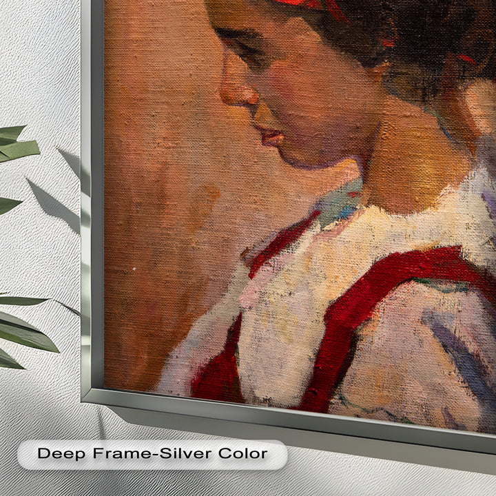 Crimson Reverie – Side Portrait of a Girl in Red Headband Oil Painting
