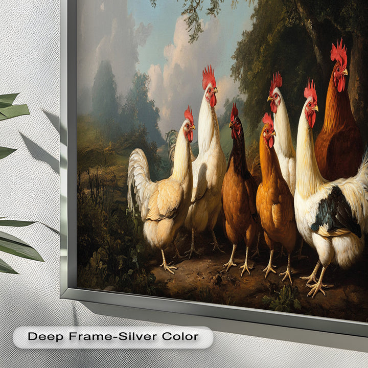Roosters and Hens in a Countryside Clearing - Animal Oil Painting