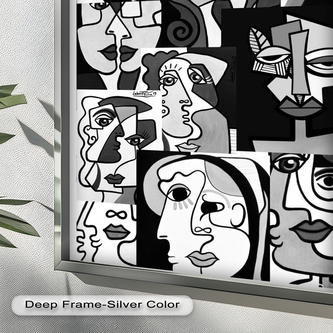 Monochrome Whispers – Collage of Cubist Faces Abstract Oil Painting
