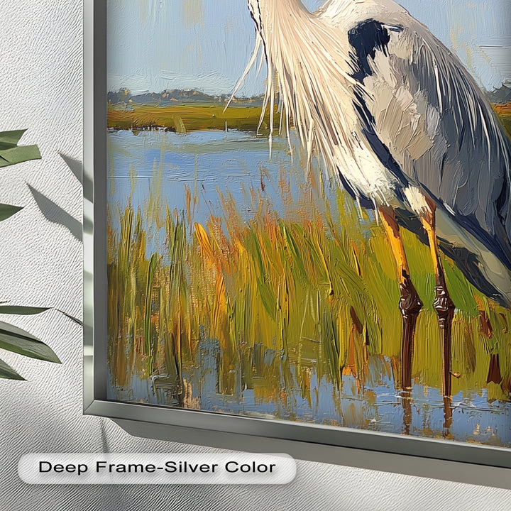 Heron in Sunlit Wetlands - Animal Oil Painting
