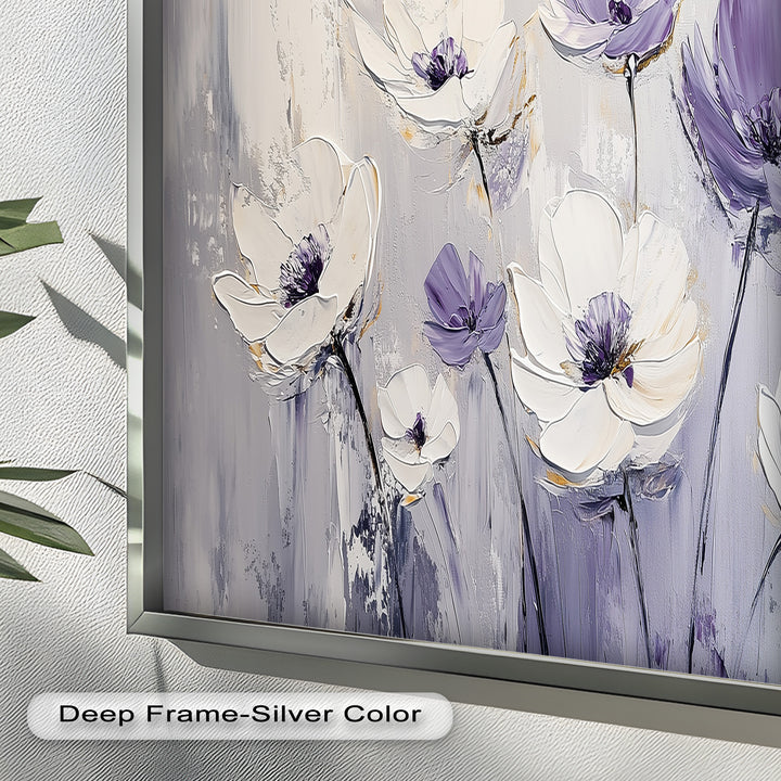 White and Purple Florals on Misty Background - Flower Oil Painting