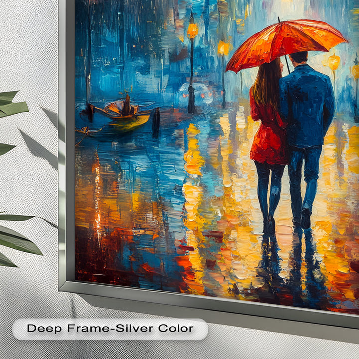 Romantic Couple Strolling Under Red Umbrella - Love Oil Painting