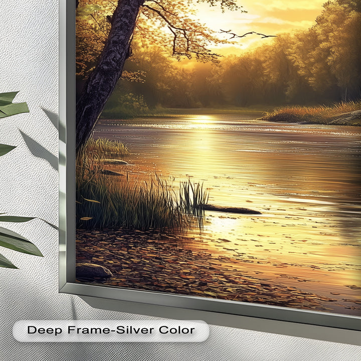 Ölgemälde einer herbstlichen Flusslandschaft – Sonnenuntergangs-Wandkunst