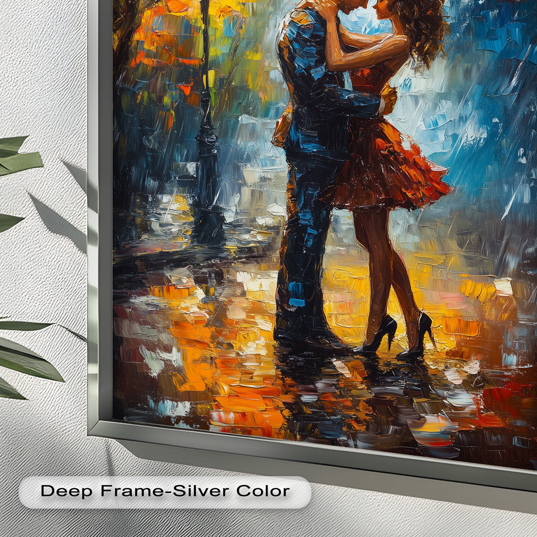 Embrace in Autumn Rain – Passionate Love Oil Painting