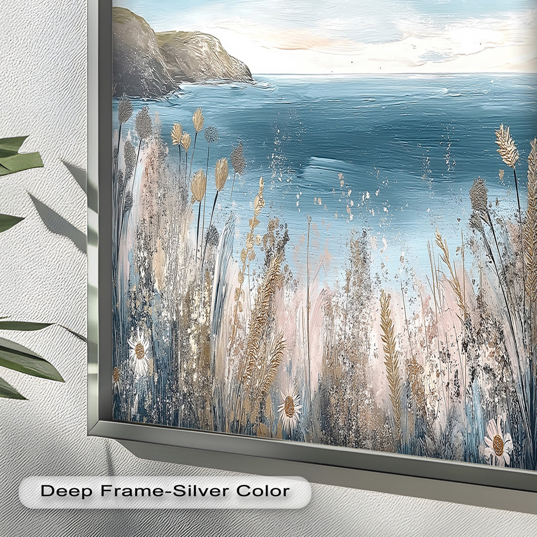 Wildflower Coastal View Landscape - Framed Oil Painting