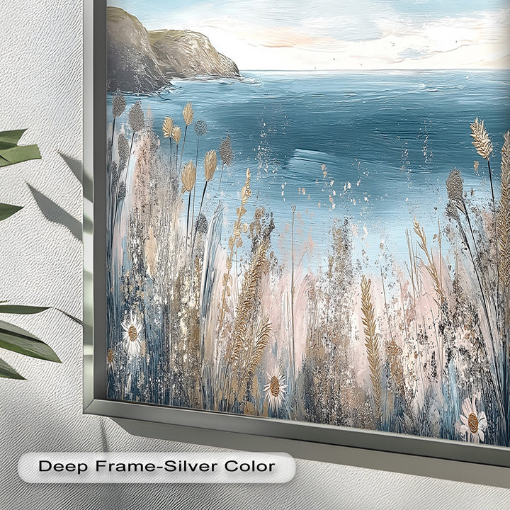 Wildflower Coastal View Landscape - Framed Oil Painting