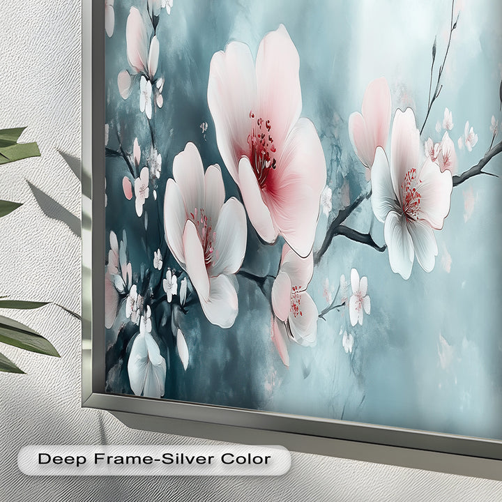 Soft Pink and White Petals on Tranquil Blue - Flower Oil Painting