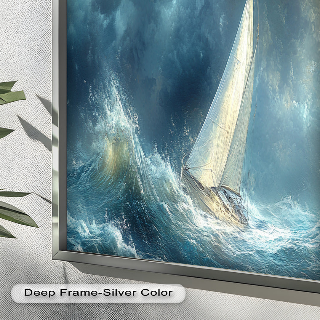 Into the Surge – Sailboat Battling Ocean Waves Oil Painting