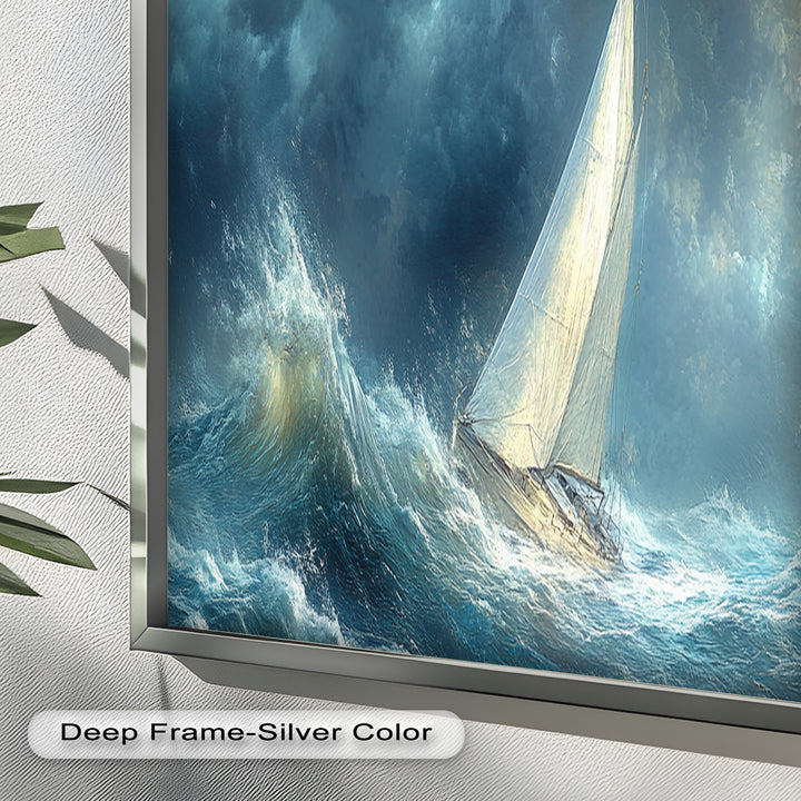 Into the Surge – Sailboat Battling Ocean Waves Oil Painting