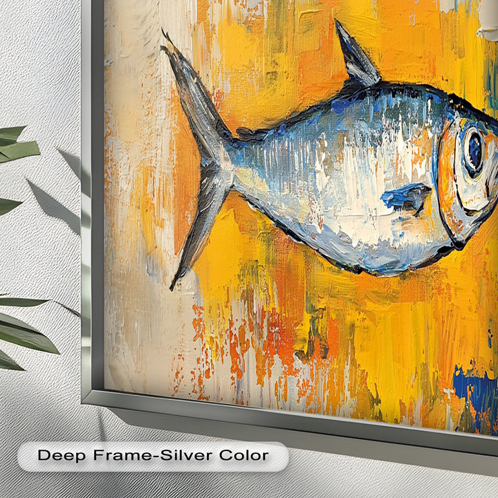 Blue Fish on Vibrant Yellow Background - Animal Oil Painting