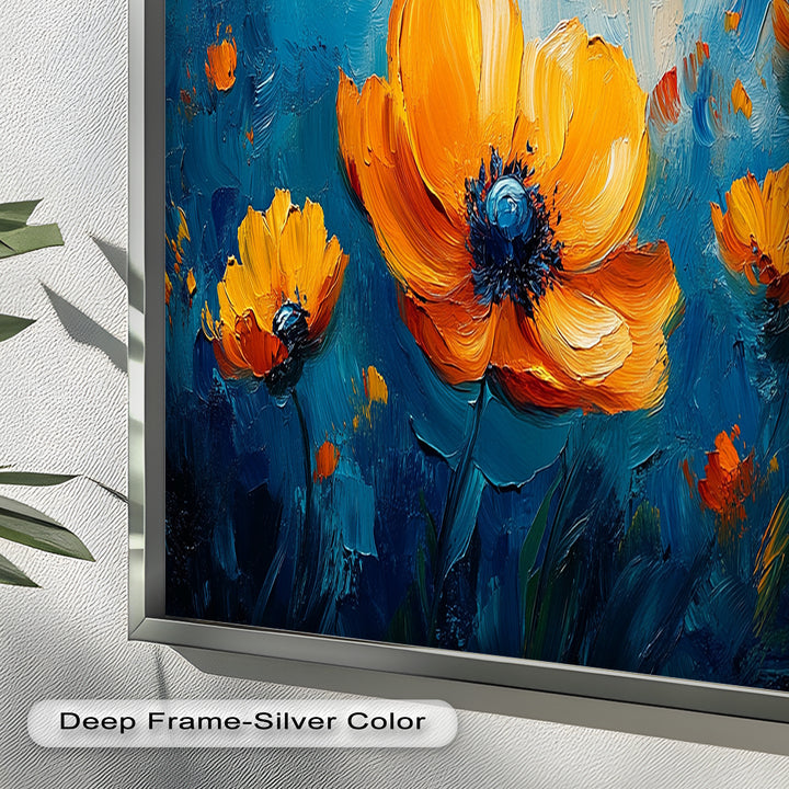 Orange Flowers on Deep Blue - Flower Oil Painting