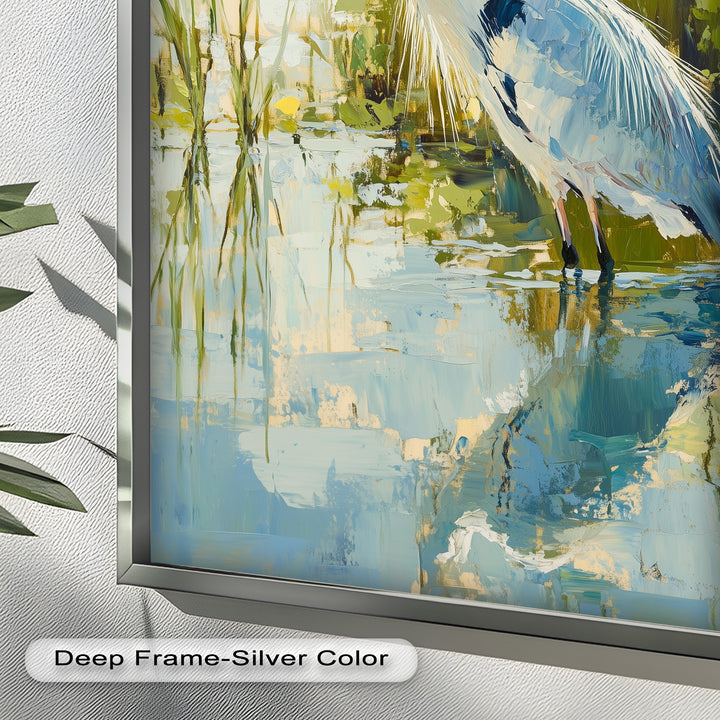 Heron Amid Textured Reflections - Animal Oil Painting