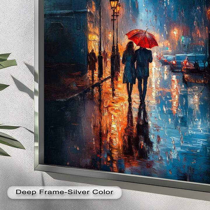 Romantic Couple in Rainy City - Love Oil Painting