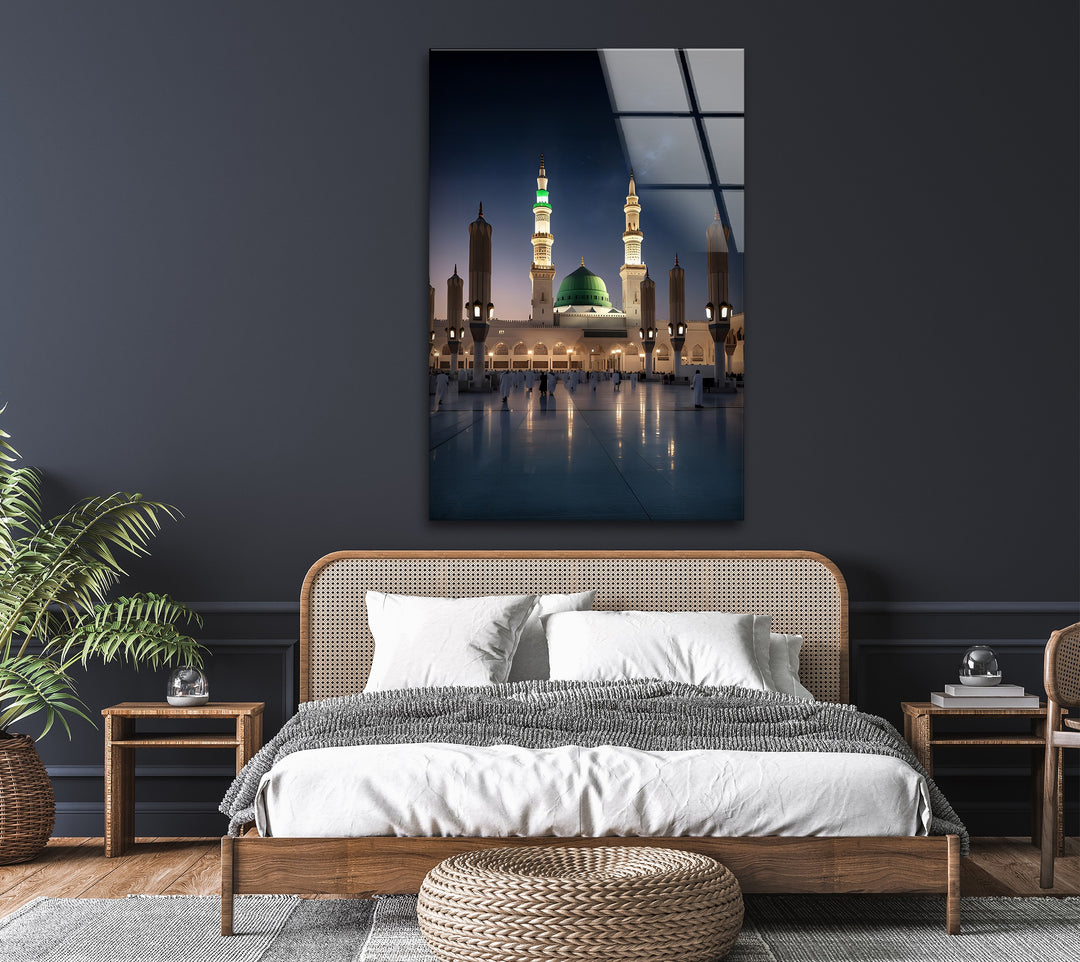 Moonlit Serenity – Prophet’s Mosque Medina Night Glass Wall Art