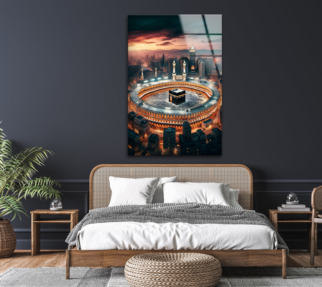 Mecca artwork printed on tempered glass with glowing tones