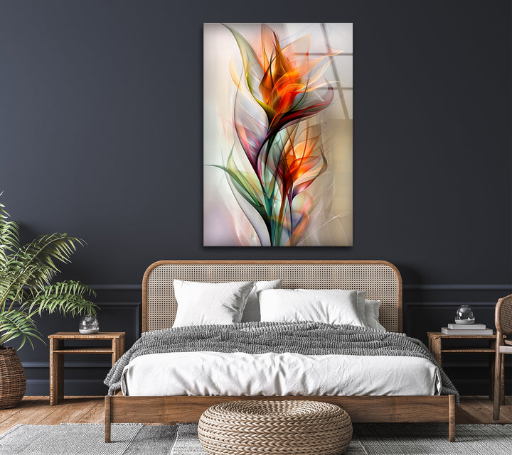 The organic forms of radiant, abstract floral petals glow in vibrant colors on this striking tempered glass wall art.
