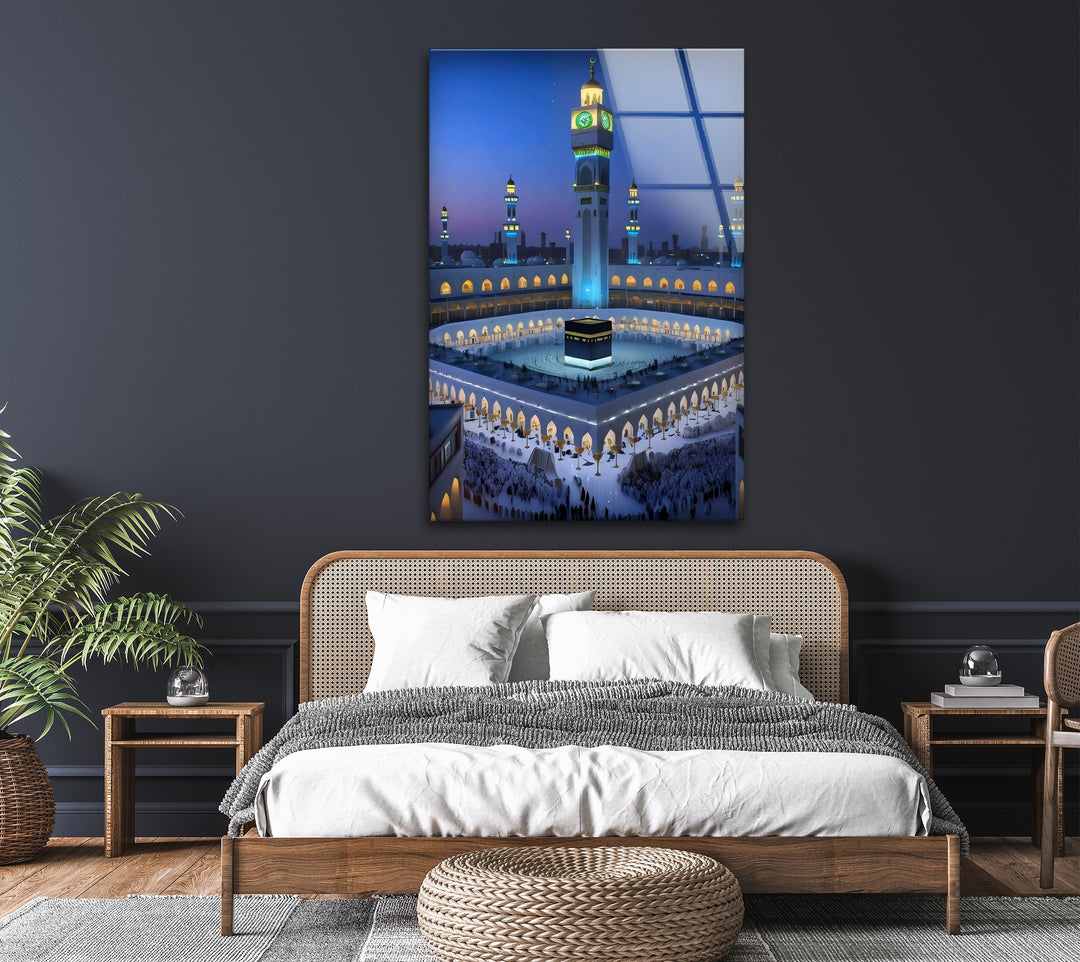 Divine Twilight – Kaaba Under the Night Sky Glass Wall Art