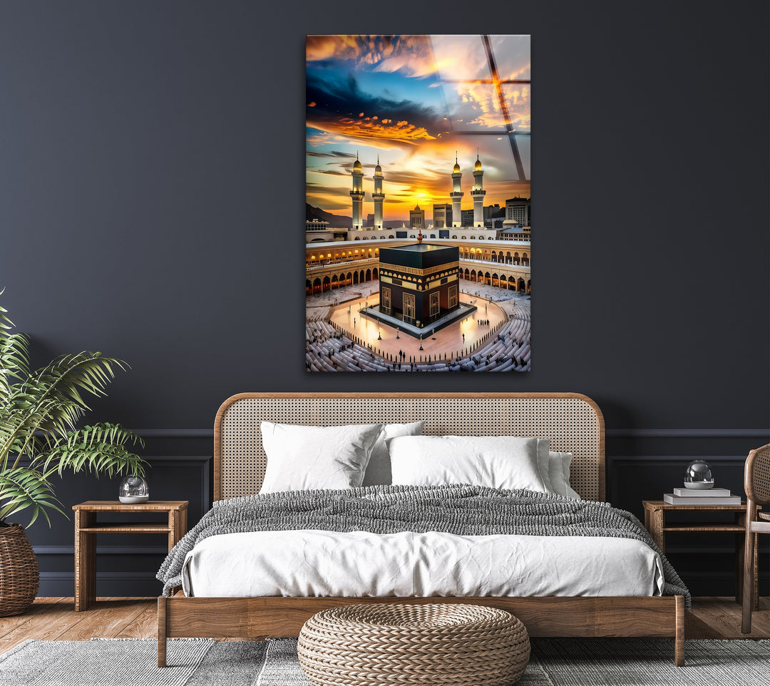 Radiant Faith – Kaaba Under Golden Sunset Glass Wall Art