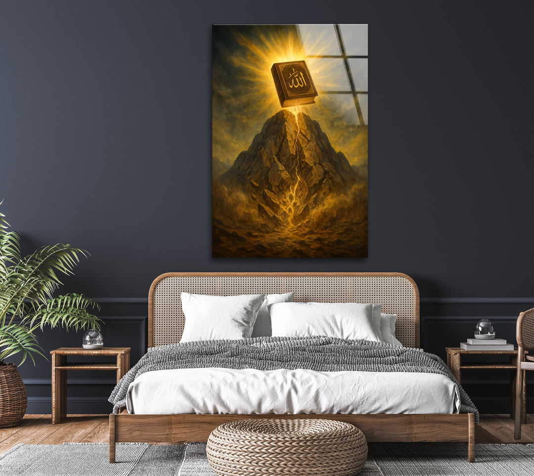 Divine Revelation – Holy Quran Light on the Mountain Glass Wall Art