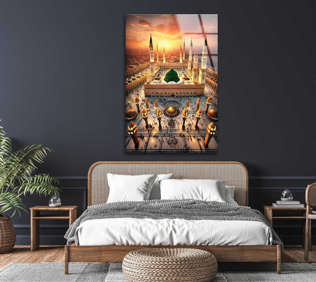 Radiant Serenity – Al-Masjid an-Nabawi Sunset Glass Wall Art