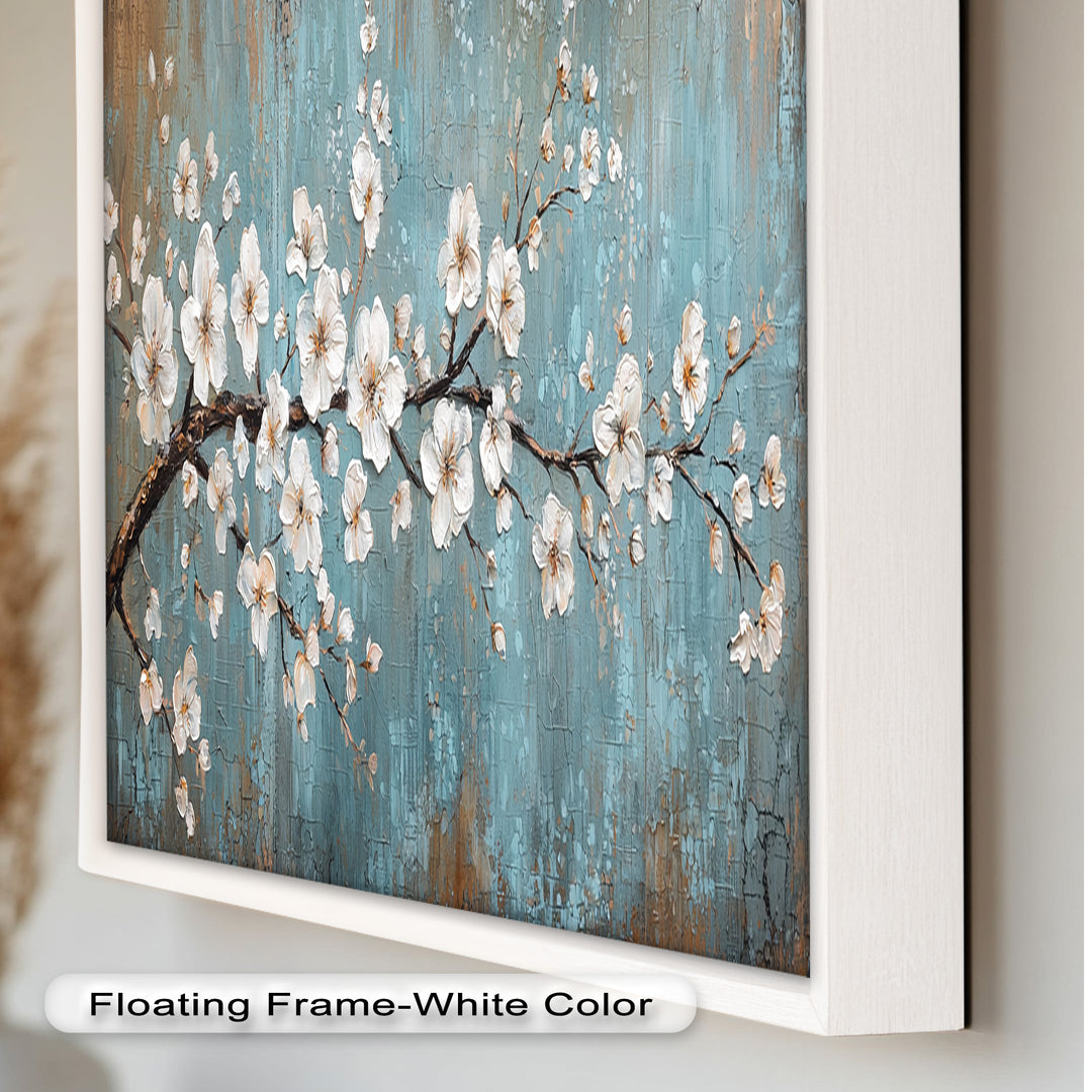 White Blossoms on Blue Textured Branch - Flower Oil Painting