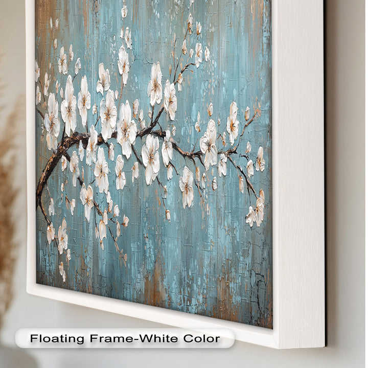 White Blossoms on Blue Textured Branch - Flower Oil Painting