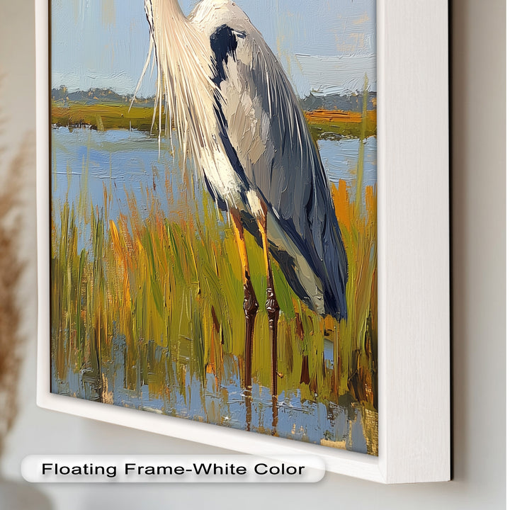 Heron in Sunlit Wetlands - Animal Oil Painting