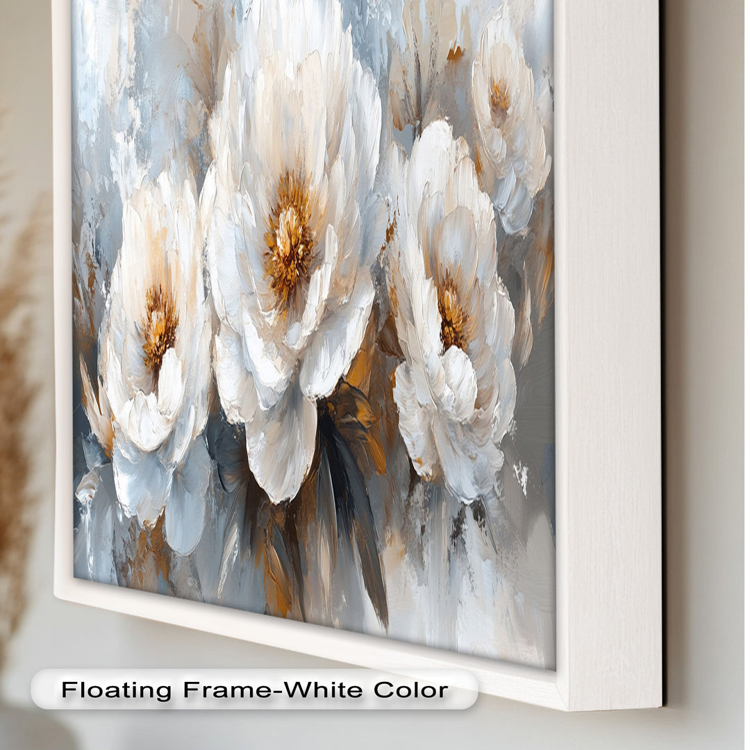 White Petals on Soft Neutral Background - Flower Oil Painting