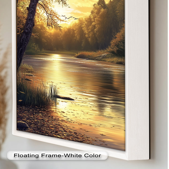Ölgemälde einer herbstlichen Flusslandschaft – Sonnenuntergangs-Wandkunst