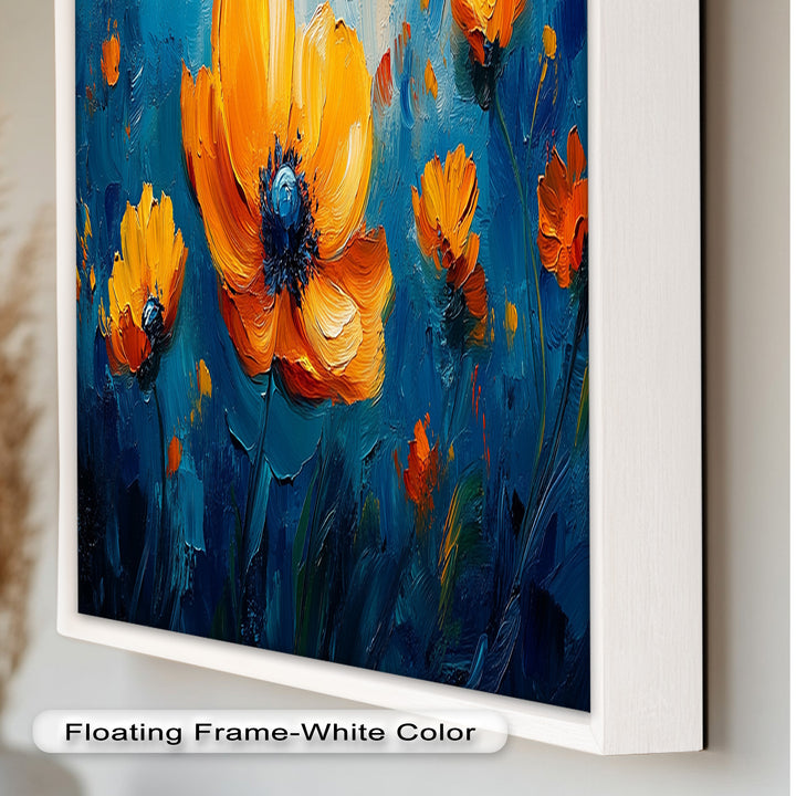 Orange Flowers on Deep Blue - Flower Oil Painting
