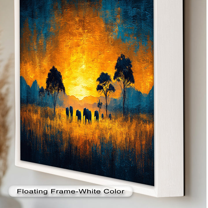 Golden Savannah Sunset – Elephant Silhouette Oil Painting