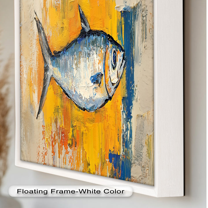 Blue Fish on Vibrant Yellow Background - Animal Oil Painting