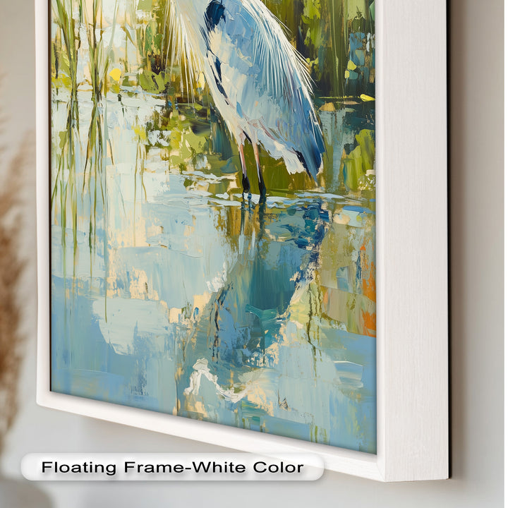 Heron Amid Textured Reflections - Animal Oil Painting