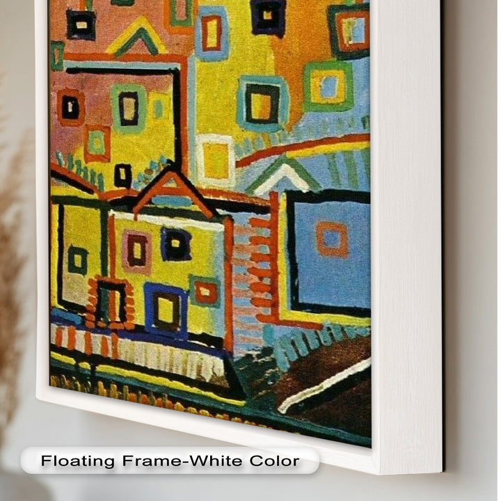 Farbenfrohe geometrische Stadtlandschaft als Wandkunst – kubistisches Ölgemälde