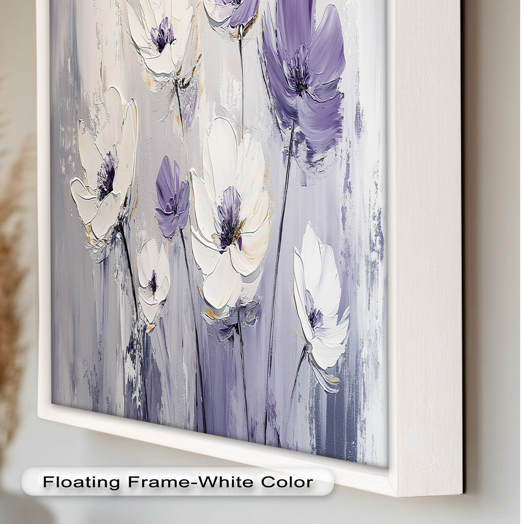 White and Purple Florals on Misty Background - Flower Oil Painting