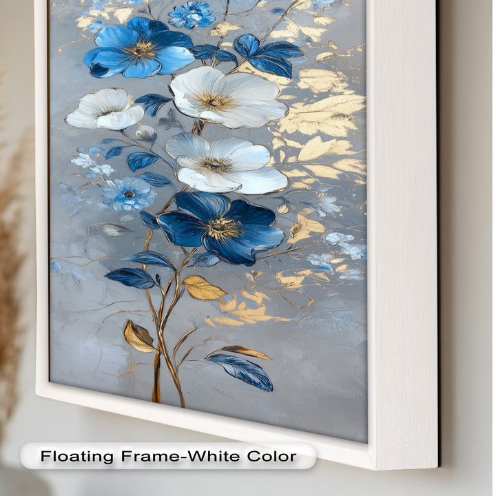 Blau-weiße Blüten Wandkunst – Blumenölgemälde
