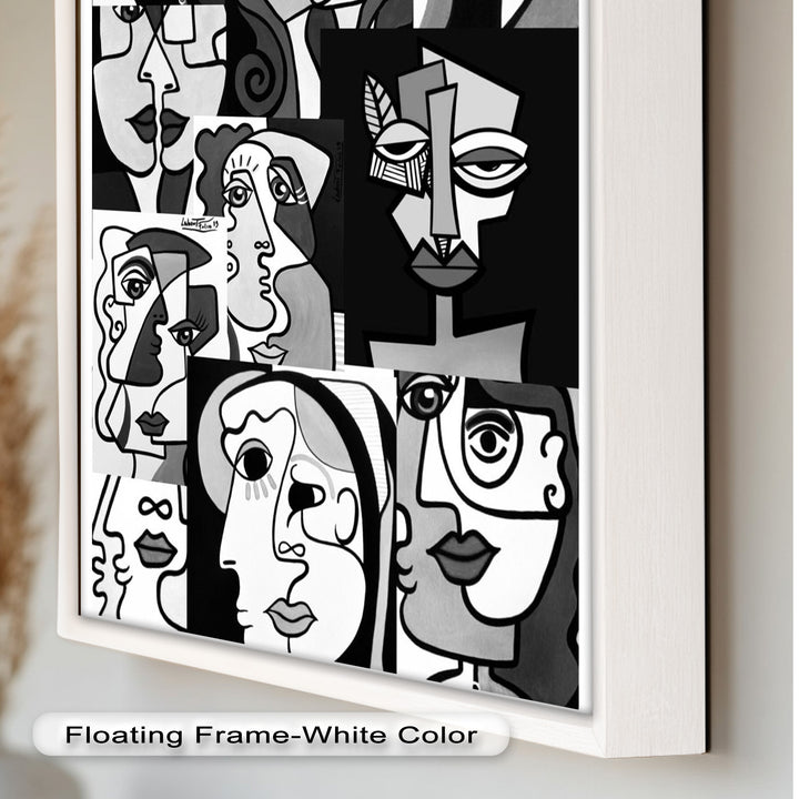 Monochrome Whispers – Collage of Cubist Faces Abstract Oil Painting